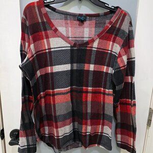 Rue+ Women’s 2X Red Buffalo Plaid Long Sleeve Tee | Soft Flannel Knit Top